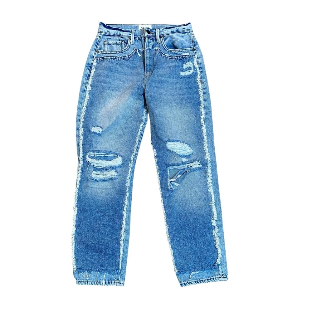 FRAME Layered Look Distressed Straight Jeans Coast Combo Size 27 - Picture 3 of 16